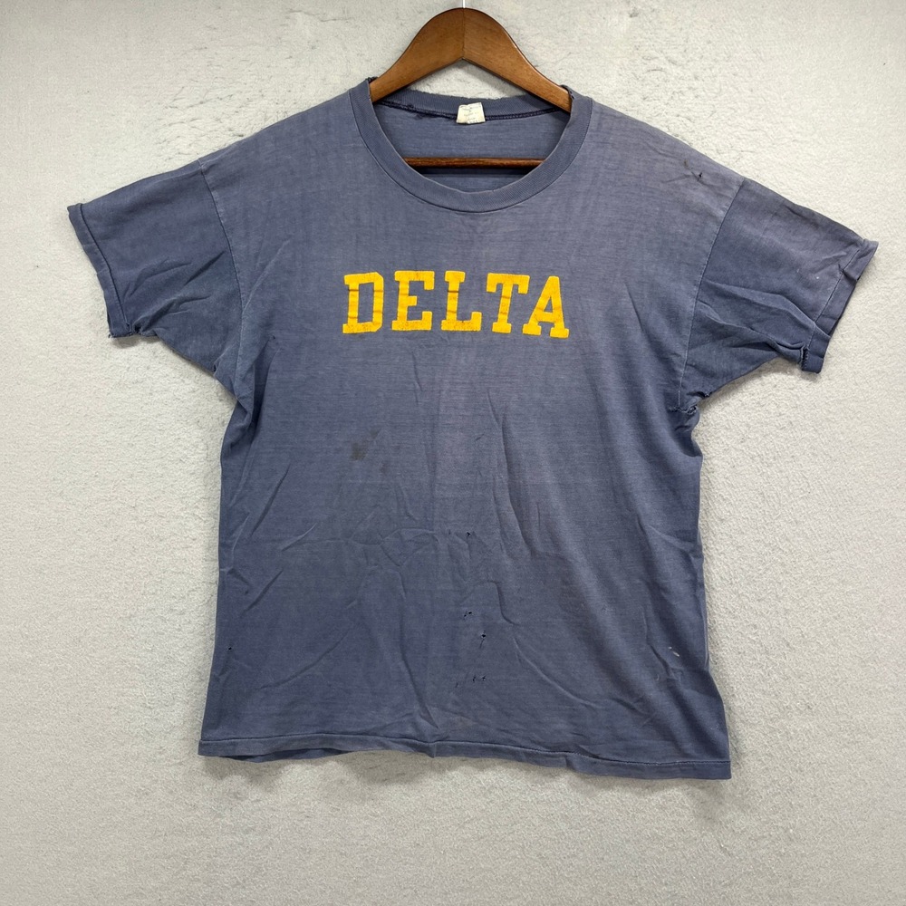 Vintage Champion T Shirt Mens Large Blue Delta Greek Life Distressed 70s 80s